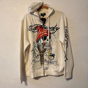Ed Harley Flame Skull Zip Up Ivory Hoodie Men’s Size Large NWT